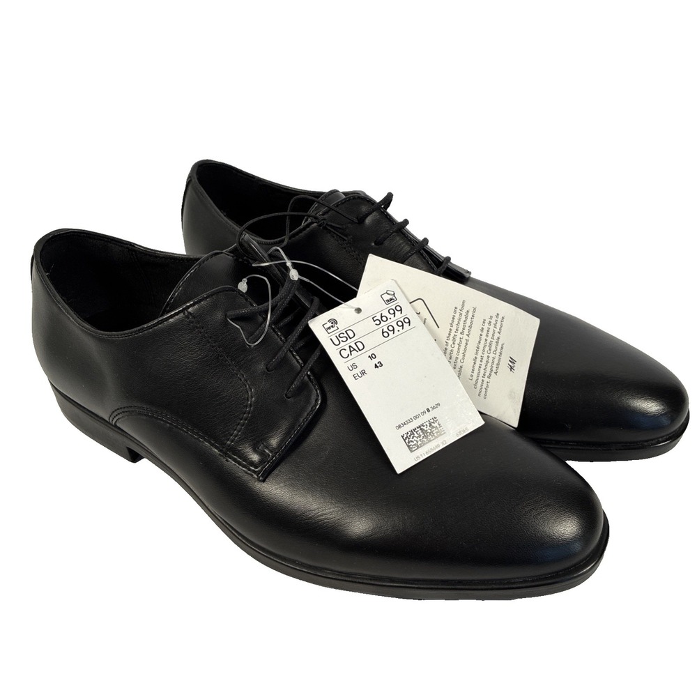 New Mens H&M Black Leather Oxford Pointed Toe Dress Shoes Size 10 NWT